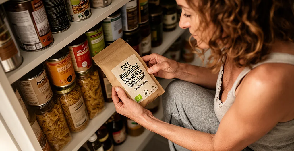 Personne examinant un paquet de café bio dans sa cuisine