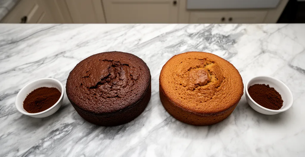 Comparaison visuelle de deux gâteaux au café avec textures différentes (café bio vs conventionnel)