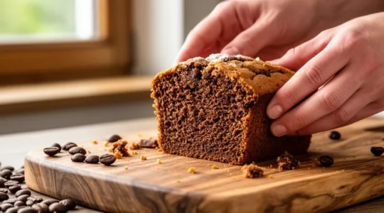 Gâteau au café bio tranché sur planche en bois avec grains de café éparpillés