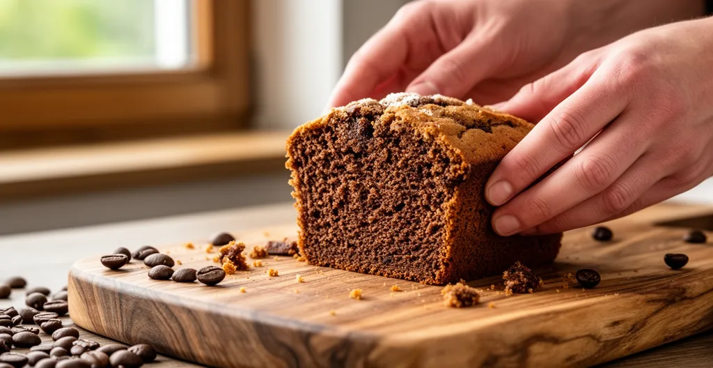 Gâteau au café bio tranché sur planche en bois avec grains de café éparpillés
