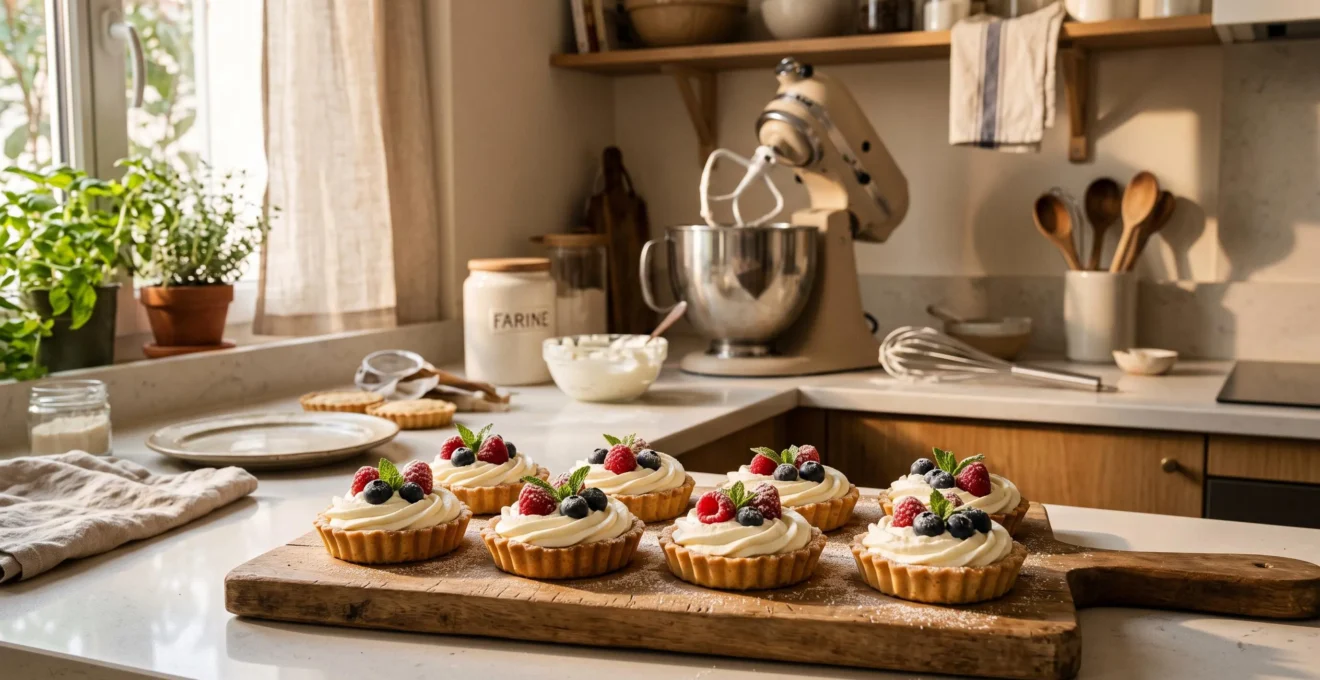Pâtisseries maison préparées avec un robot pâtissier visible en arrière-plan sur le plan de travail