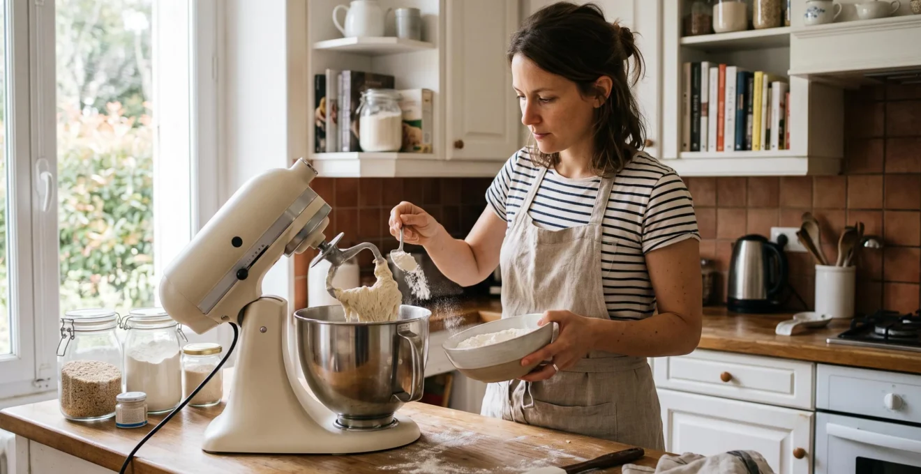 Personne utilisant un robot pâtissier pour pétrir une pâte dans une cuisine domestique moderne
