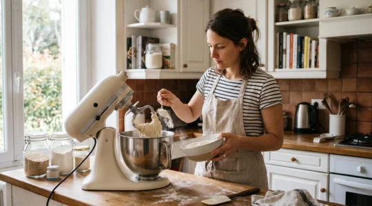 Personne utilisant un robot pâtissier pour pétrir une pâte dans une cuisine domestique moderne